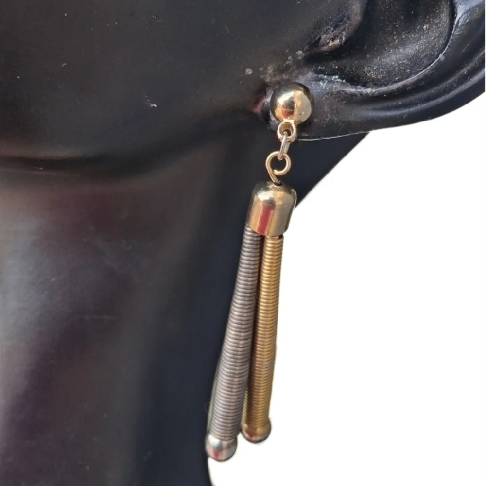 VTG 90s Mixed Metal Slinky Coil Tassel Drop Earrings | Gold & Silver Tone